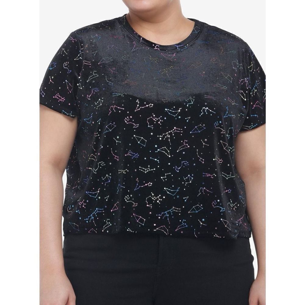 Plus Size Black Crop Top with Multicolor Constellation Print